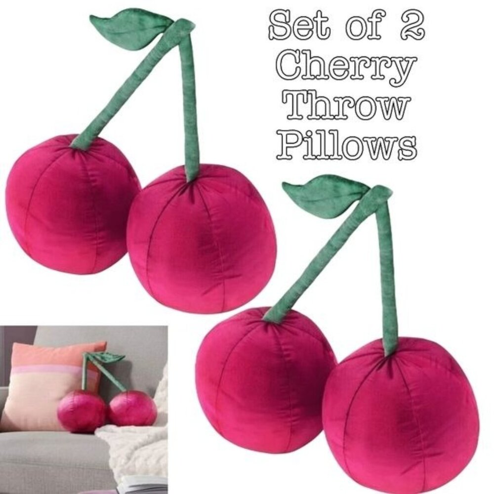 Set of 2 NWT cherry throw pillows 13"x14" cute kawaii red pink funky novilty